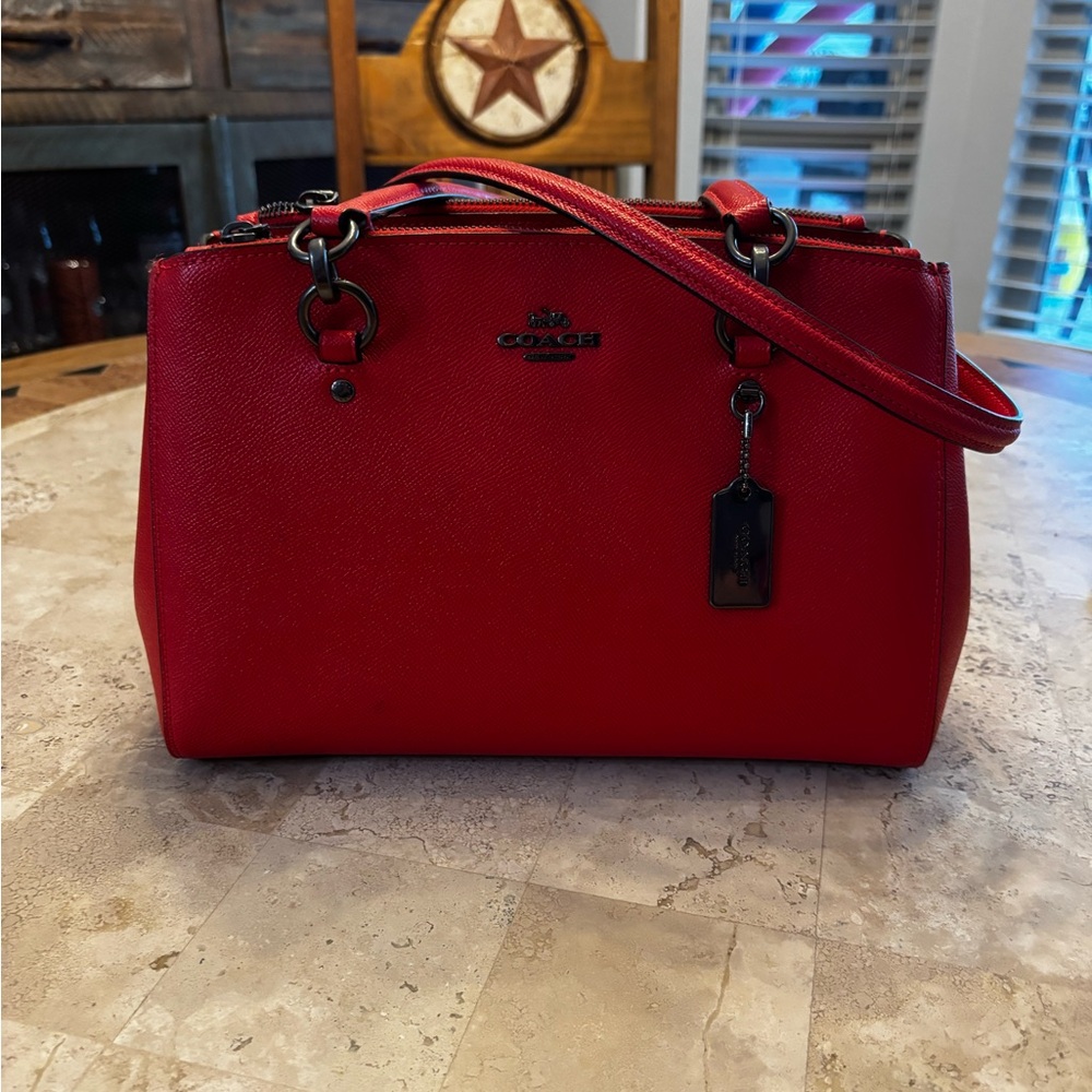 Coach Red Crossgrain Leather Double Zip Satchel Crossbody Black Hardware